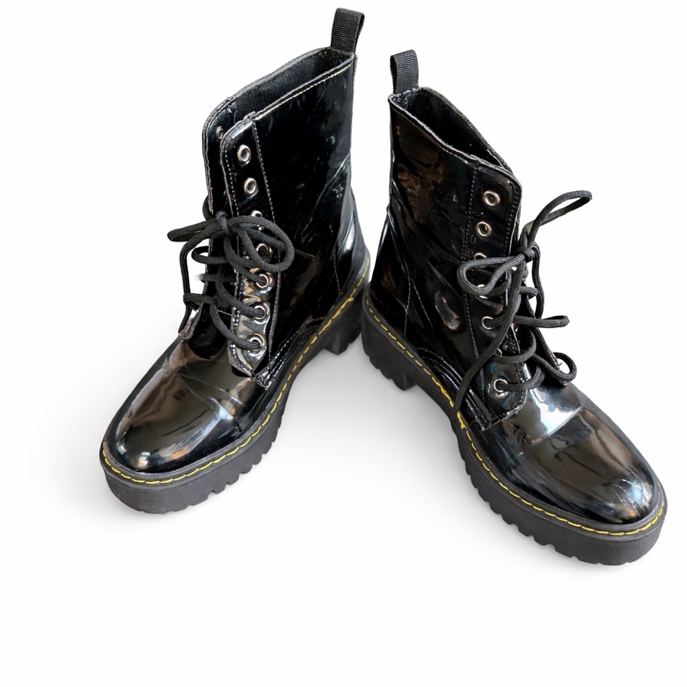 Charles Albert Patent Combat Boots Black Lug Sole Lace Up Size 9